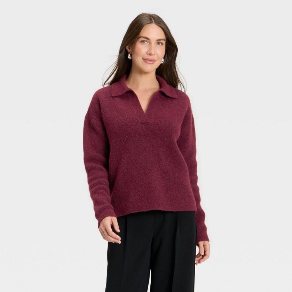 Open Box - A New Day - Women's Cozy Knit Polo Sweater - A New Day Burgund Red